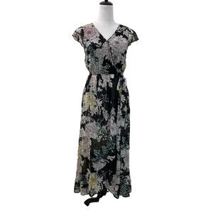 Band of Gypsies Floral Maxi Dress Black Double V Neck Back Tie Flowy Praire - S